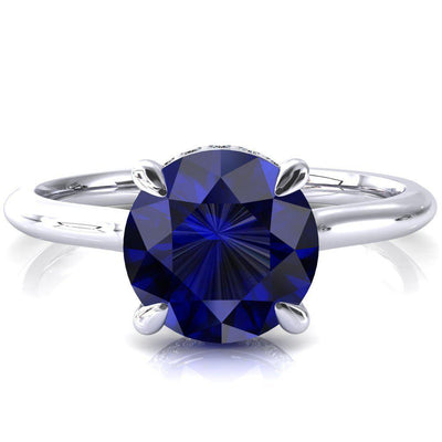 Secret Round Blue Sapphire 4 Prong Floating Halo Engagement Ring-FIRE & BRILLIANCE