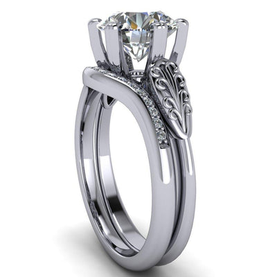 Serenity Round Moissanite Vintage Double 6 Prong Filigree Shoulders Cathedral Set Ring-Custom-Made Jewelry-Fire & Brilliance ®