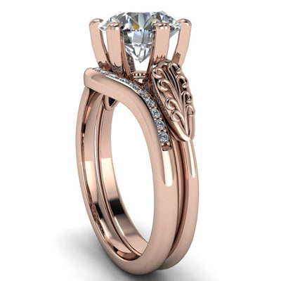 Serenity Round Moissanite Vintage Double 6 Prong Filigree Shoulders Cathedral Set Ring-Custom-Made Jewelry-Fire & Brilliance ®