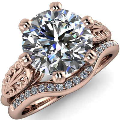Serenity Round Moissanite Vintage Double 6 Prong Filigree Shoulders Cathedral Set Ring-Custom-Made Jewelry-Fire & Brilliance ®