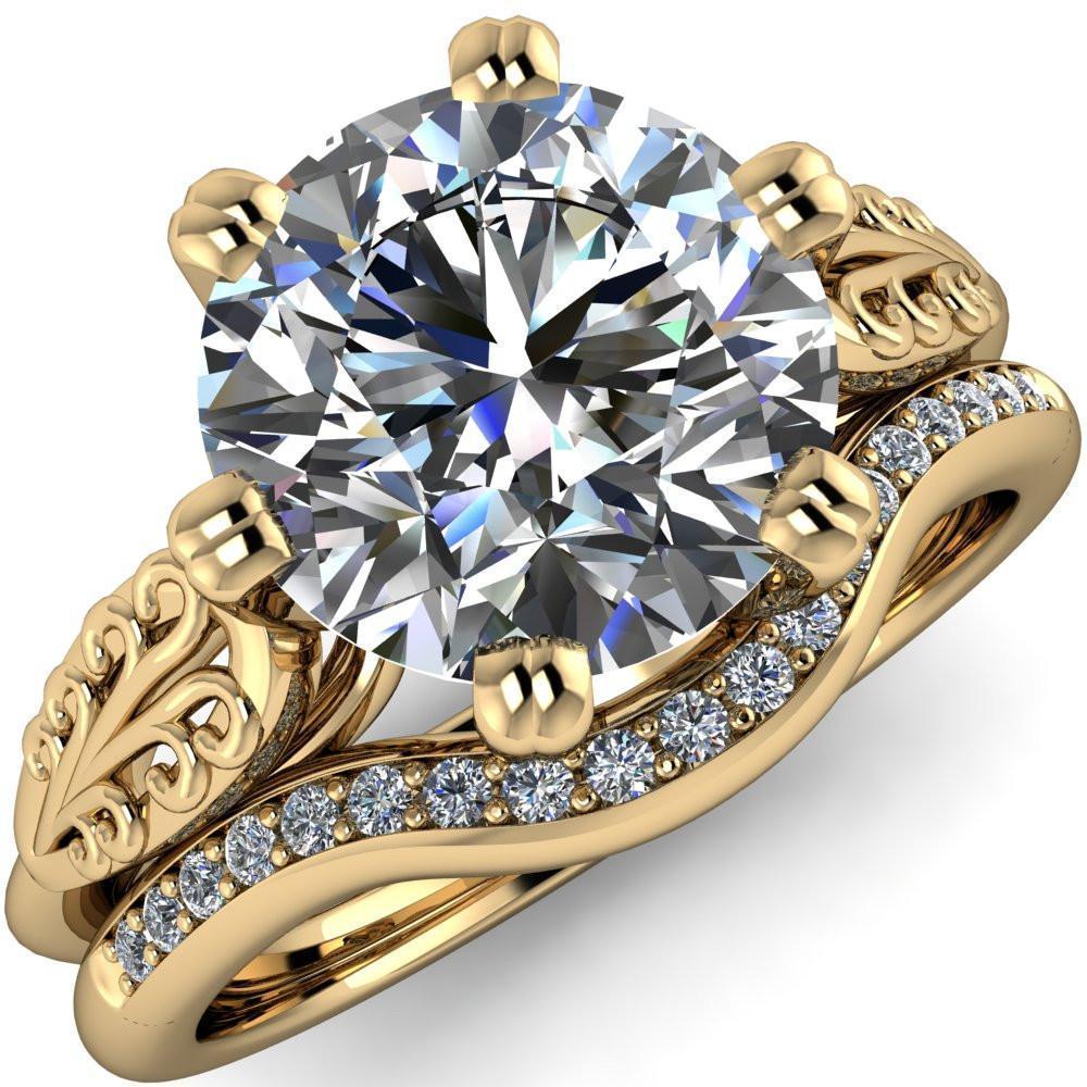 Serenity Round Moissanite Vintage Double 6 Prong Filigree Shoulders Cathedral Set Ring-Custom-Made Jewelry-Fire & Brilliance ®