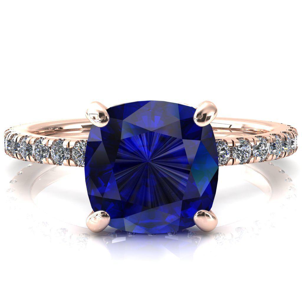 Sicili Cushion Blue Sapphire 4 Prong 3/4 Micro Pave Diamond Engagement Ring-FIRE & BRILLIANCE