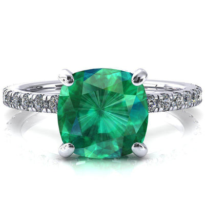 Sicili Cushion Emerald 4 Prong 3/4 Micro Pave Diamond Engagement Ring-FIRE & BRILLIANCE