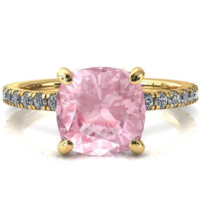 Sicili Cushion Pink Sapphire 4 Prong 3/4 Micro Pave Diamond Engagement Ring-FIRE & BRILLIANCE