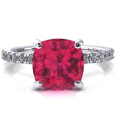 Sicili Cushion Ruby 4 Prong 3/4 Micro Pave Diamond Engagement Ring-FIRE & BRILLIANCE