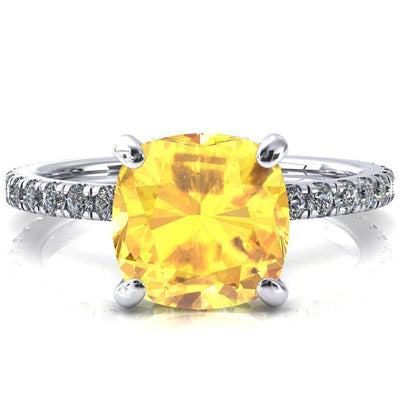 Sicili Cushion Yellow Sapphire 4 Prong 3/4 Micro Pave Diamond Engagement Ring-FIRE & BRILLIANCE
