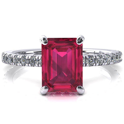 Sicili Emerald Ruby 4 Prong 3/4 Micro Pave Diamond Engagement Ring-FIRE & BRILLIANCE