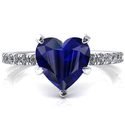 Sicili Heart Blue Sapphire 5 Prong 3/4 Micro Pave Diamond Engagement Ring-FIRE & BRILLIANCE