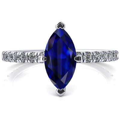 Sicili Marquise Blue Sapphire 6 Prong 3/4 Micro Pave Diamond Engagement Ring-FIRE & BRILLIANCE