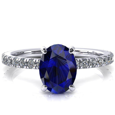 Sicili Oval Blue Sapphire 4 Prong 3/4 Micro Pave Diamond Engagement Ring-FIRE & BRILLIANCE