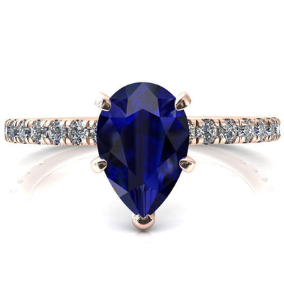 Sicili Pear Blue Sapphire 5 Prong 3/4 Micro Pave Diamond Engagement Ring-FIRE & BRILLIANCE