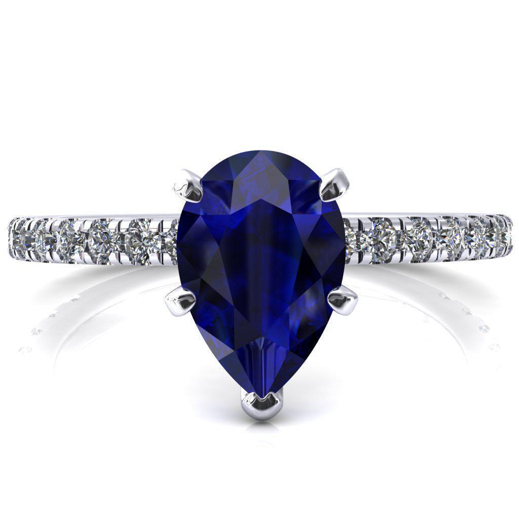 Sicili Pear Blue Sapphire 5 Prong 3/4 Micro Pave Diamond Engagement Ring-FIRE & BRILLIANCE