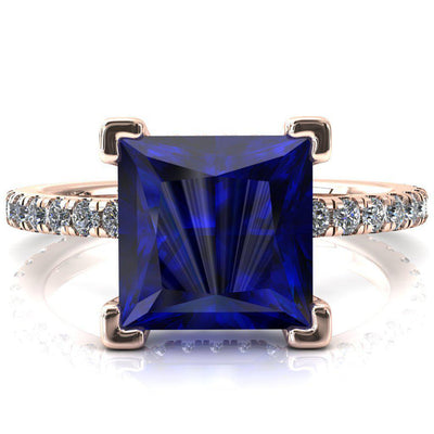 Sicili Princess Blue Sapphire 4 Prong 3/4 Micro Pave Diamond Engagement Ring-FIRE & BRILLIANCE