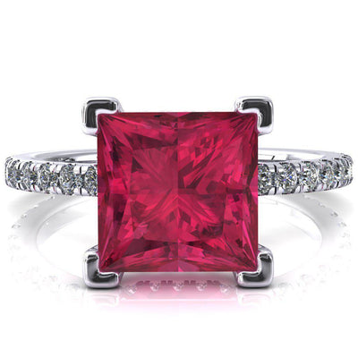 Sicili Princess Ruby 4 Prong 3/4 Micro Pave Diamond Engagement Ring-FIRE & BRILLIANCE