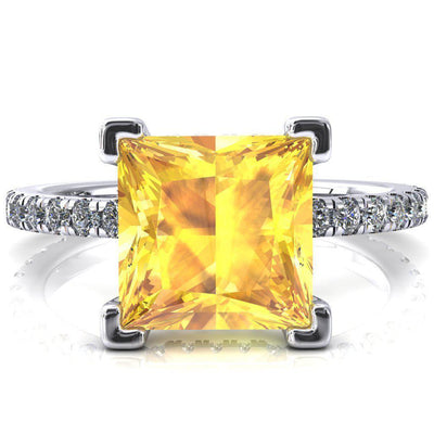Sicili Princess Yellow Sapphire 4 Prong 3/4 Micro Pave Diamond Engagement Ring-FIRE & BRILLIANCE