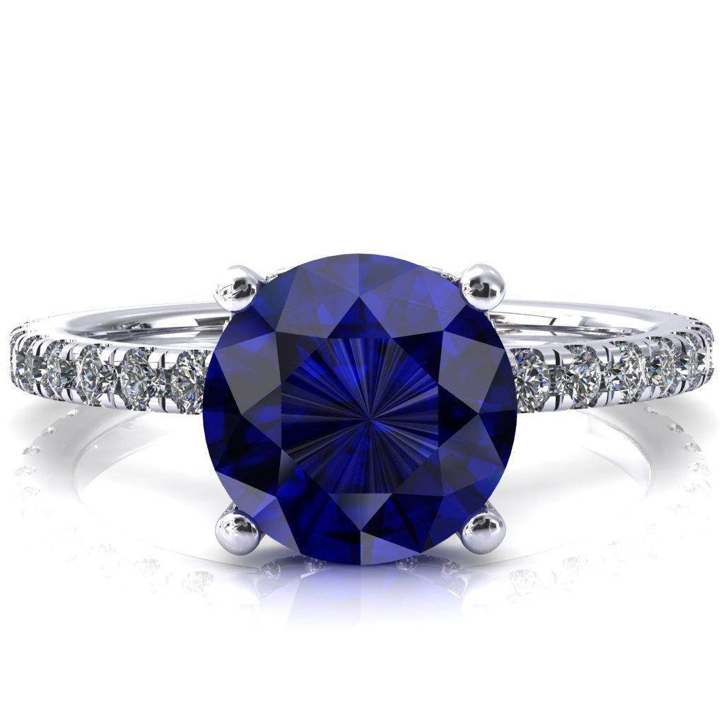 Sicili Round Blue Sapphire 4 Prong 3/4 Micro Pave Diamond Engagement Ring-FIRE & BRILLIANCE