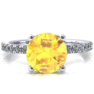 Sicili Round Yellow Sapphire 4 Prong 3/4 Micro Pave Diamond Engagement Ring-FIRE & BRILLIANCE