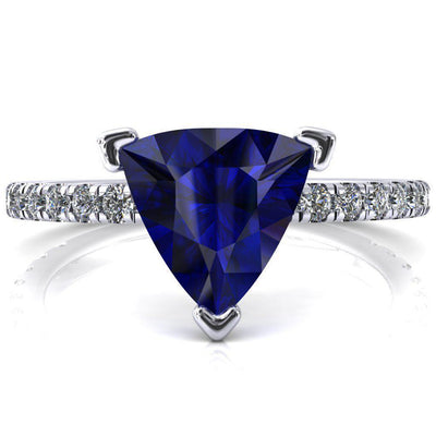Sicili Trillion Blue Sapphire 3 Prong 3/4 Micro Pave Diamond Engagement Ring-FIRE & BRILLIANCE