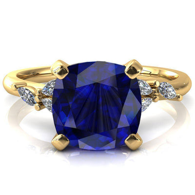 Sigrid Cushion Blue Sapphire 4 Prong Marquise Diamond Side Ring-FIRE & BRILLIANCE