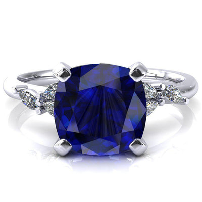 Sigrid Cushion Blue Sapphire 4 Prong Marquise Diamond Side Ring-FIRE & BRILLIANCE