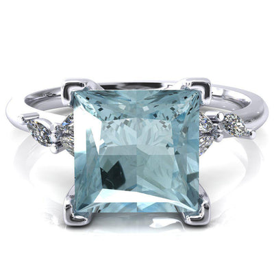 Sigrid Princess Aqua Blue Spinel 4 Prong Marquise Diamond Side Ring-FIRE & BRILLIANCE