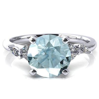 Sigrid Round Aqua Blue Spinel 4 Prong Marquise Diamond Side Ring-FIRE & BRILLIANCE