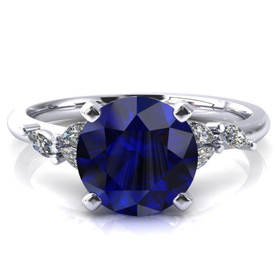 Sigrid Round Blue Sapphire 4 Prong Marquise Diamond Side Ring-FIRE & BRILLIANCE