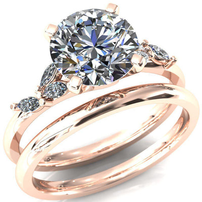 Sigrid Round Moissanite 4 Prong Marquise Diamond Side Ring-Fire & Brilliance ® Creative Designs-Fire & Brilliance ®