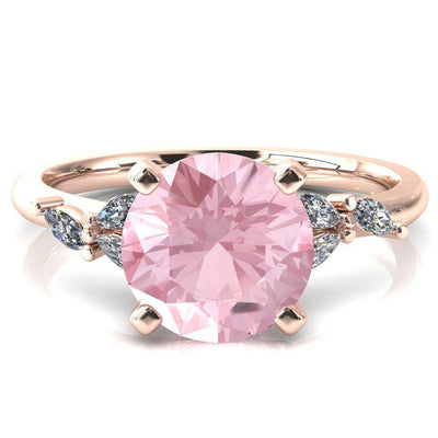 Sigrid Round Pink Sapphire 4 Prong Marquise Diamond Side Ring-FIRE & BRILLIANCE