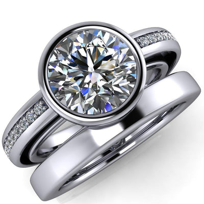 Skyler Round Moissanite Juliette Bezel Set Diamond Sides Design Engagement Ring-Custom-Made Jewelry-Fire & Brilliance ®