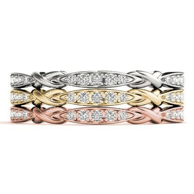 Stackables 1/2 Eternity Tri-Tone Gold 5-Stone Marquise Pinpoint Bezel Bow-Tie 3-Band Set Selectables-Wedding and Anniversary Bands-Fire & Brilliance ®
