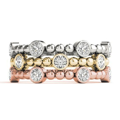 Stackables 1/2 Eternity Tri-Tone Gold Bezel Round Diamond & Beads 3-Band Set Selectables-Wedding and Anniversary Bands-Fire & Brilliance ®