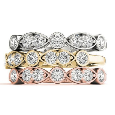 Stackables 1/2 Eternity Tri-Tone Gold Double Diamond Marquise Bezel 3-Band Set Selectables-Wedding and Anniversary Bands-Fire & Brilliance ®