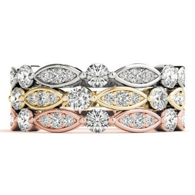 Stackables 1/2 Eternity Tri-Tone Gold Marquise Bezel Diamond Accent 3-Band Set Selectables-Wedding and Anniversary Bands-Fire & Brilliance ®