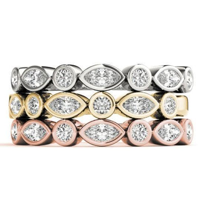 Stackables 1/2 Eternity Tri-Tone Gold Marquise & Round Full Bezel 3-Band Set Selectables-Wedding and Anniversary Bands-Fire & Brilliance ®