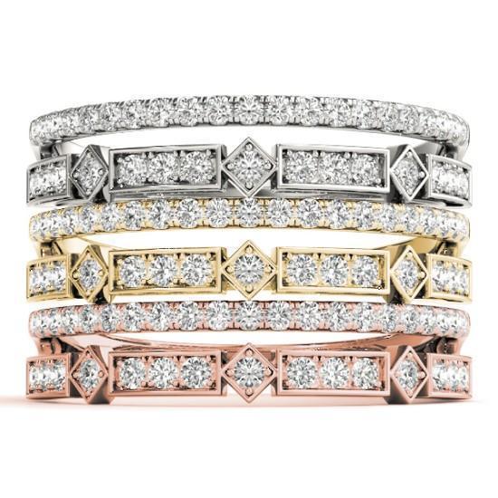 Stackables 1/2 Eternity Tri-Tone Gold Micro-Pave & Bezel-Set Diamond Split Shank 3-Band Set Selectables-Wedding and Anniversary Bands-Fire & Brilliance ®