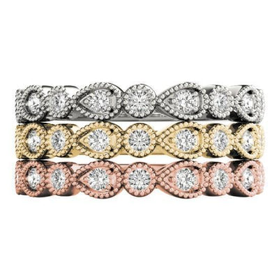 Stackables 1/2 Eternity Tri-Tone Gold Milgrain Round & Pear Bezels 3-Band Set Selectables-Wedding and Anniversary Bands-Fire & Brilliance ®