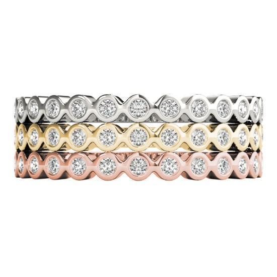 Stackables 1/2 Eternity Tri-Tone Gold Petite Round Bezel 3-Band Set Selectables-Wedding and Anniversary Bands-Fire & Brilliance ®