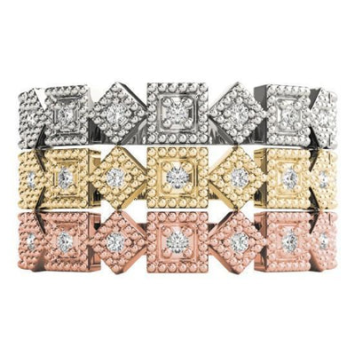 Stackables 1/2 Eternity Tri-Tone Gold Rotating Milgrain Square Bezels 3-Band Set Selectables-Wedding and Anniversary Bands-Fire & Brilliance ®