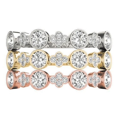 Stackables 3/4 Eternity Tri-Tone Gold Clover Bezel 3-Band Set Selectables-Wedding and Anniversary Bands-Fire & Brilliance ®
