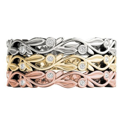 Stackables 3/4 Eternity Tri-Tone Gold Intertwining Floral Design 3-Band Set Selectables-Wedding and Anniversary Bands-Fire & Brilliance ®