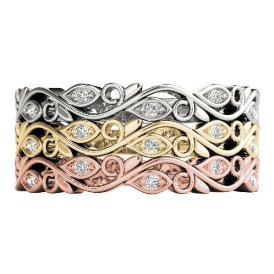 Stackables 3/4 Eternity Tri-Tone Gold Marquise Bezel Vines 3-Band Set Selectables-Wedding and Anniversary Bands-Fire & Brilliance ®
