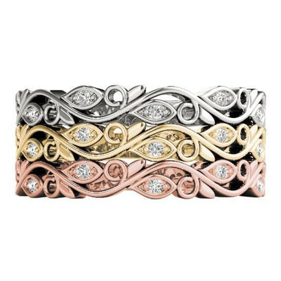 Stackables 3/4 Eternity Tri-Tone Gold Marquise Bezel Vines 3-Band Set Selectables-Wedding and Anniversary Bands-Fire & Brilliance ®