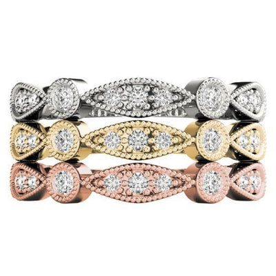 Stackables 3/4 Eternity Tri-Tone Gold Milgrain Round & Marquise Bezel-Set Diamonds 3-Band Set Selectables-Wedding and Anniversary Bands-Fire & Brilliance ®