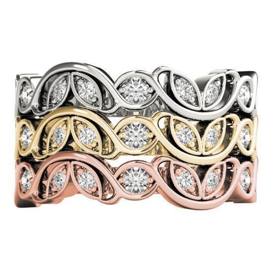 Stackables 3/4 Eternity Tri-Tone Gold Rose Shape Marquise Bezel 3-Band Set Selectables-Wedding and Anniversary Bands-Fire & Brilliance ®