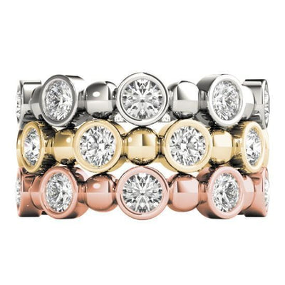 Stackables 3/4 Eternity Tri-Tone Gold Round Bezel Diamonds & Large Beads 3-Band Set Selectables-Wedding and Anniversary Bands-Fire & Brilliance ®