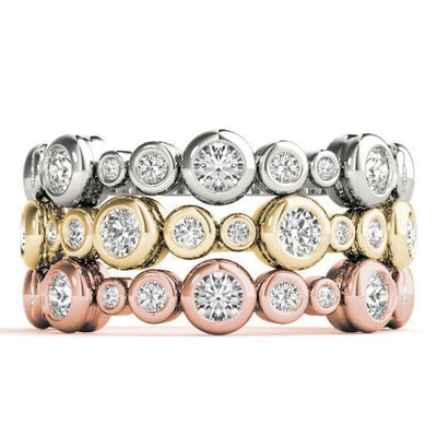 Stackables 3/4 Eternity Tri-Tone Gold Rounded Full Bezel Diamond 3-Band Set Selectables-Wedding and Anniversary Bands-Fire & Brilliance ®