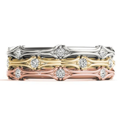 Stackables 3/4 Eternity Tri-Tone Gold Tapered Etched Shank 3-Band Set Selectables-Wedding and Anniversary Bands-Fire & Brilliance ®