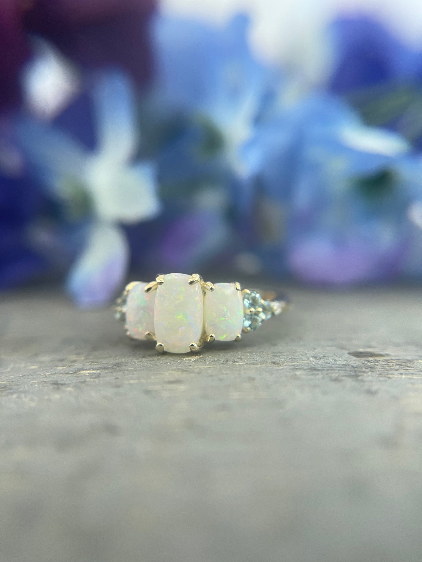 Natural White Opal with Swiss Blue Topaz & Diamond 3 Stone Ring