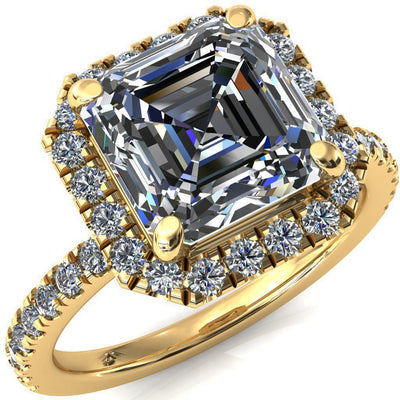 Talia Asscher Moissanite 4 Prong Halo 3/4 Micropave Ring-FIRE & BRILLIANCE